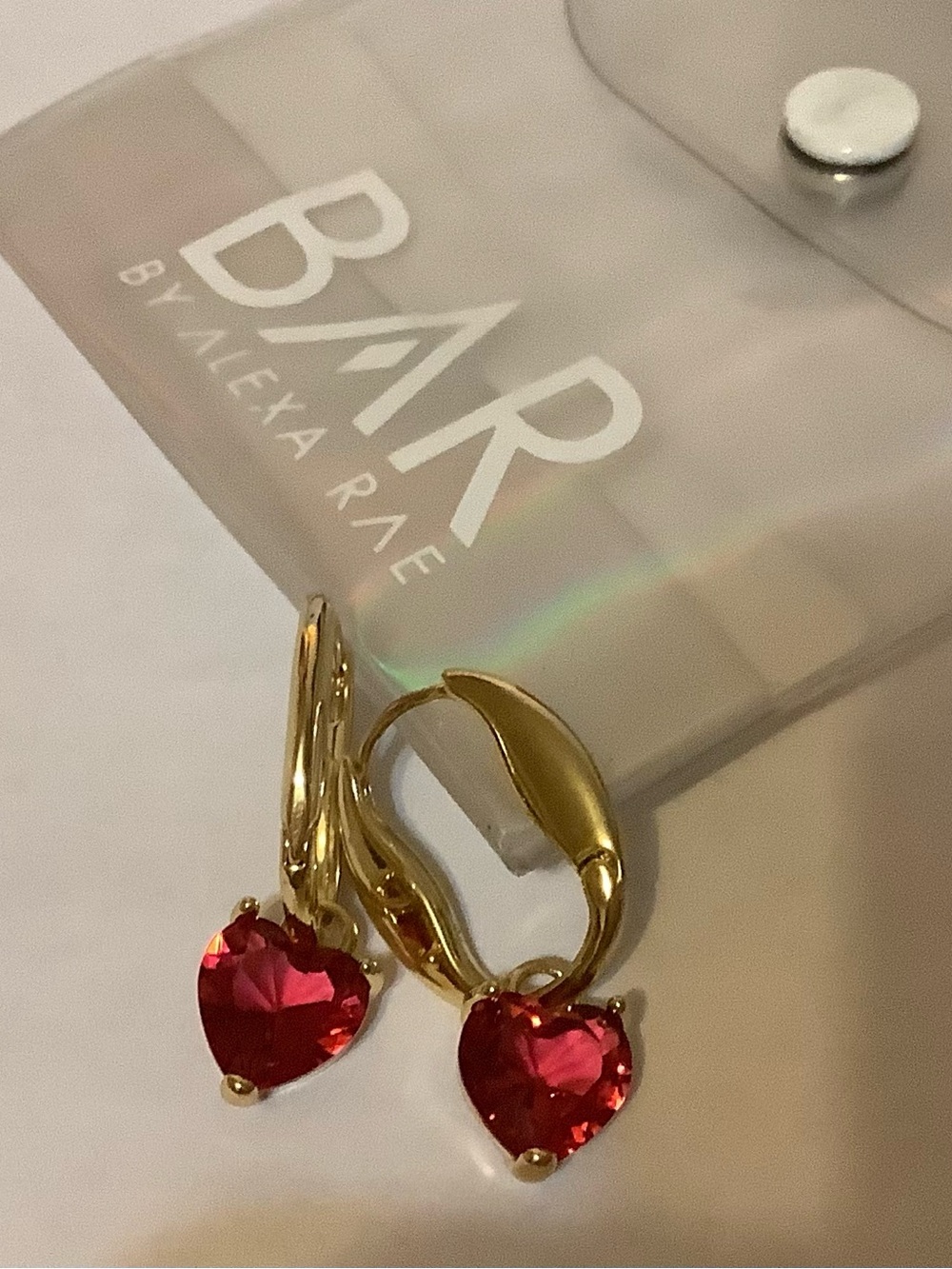 Gold Heart Drop Hoop Earrings with PinkHearts